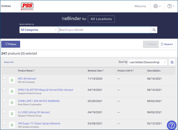 A screenshot of the dashboard to view SDS Sheets.