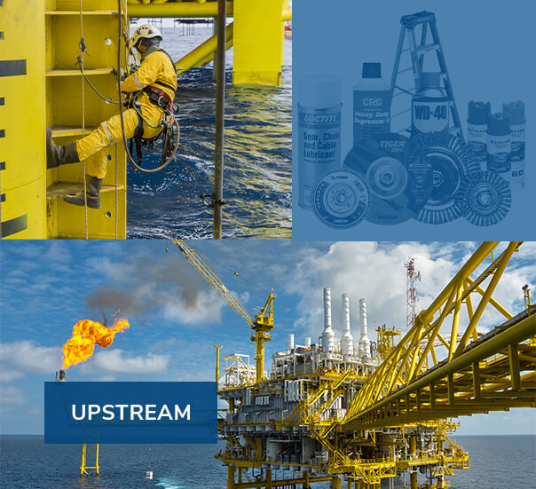 A collage of upstream services including products, workers and rigs.