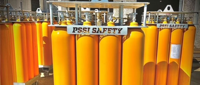Yellow PSSI safety tanks grouped together.